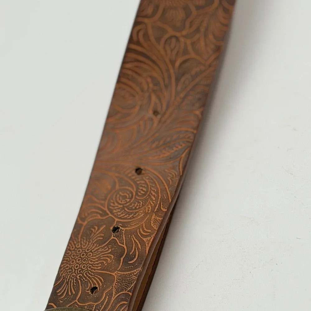 Brown Tooled Floral Embossed Western Belt Antique Brass Buckle 46 Inch Boho